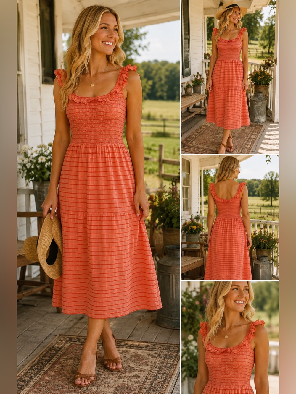 Carve Design Orange Coral Ruffle Smocked Midi Dress Sz L Cottagecore Cowgirl NWT